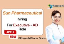 For Executive - AD Role Sun Pharmaceutical hiring BPharm/MPharm Grads