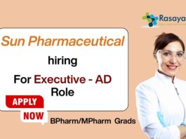 For Executive - AD Role Sun Pharmaceutical hiring BPharm/MPharm Grads