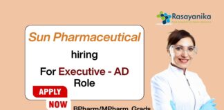 For Executive - AD Role Sun Pharmaceutical hiring BPharm/MPharm Grads