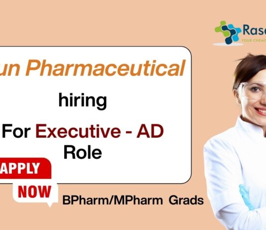 For Executive - AD Role Sun Pharmaceutical hiring BPharm/MPharm Grads