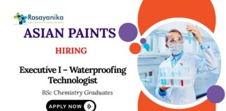 BSc Chemistry Jobs at Asian Paints Apply Now for Executive I – Waterproofing Technologist Role