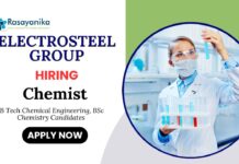 Chemical Engineering Jobs at Electrosteel Group | Apply Now For The Chemist Role