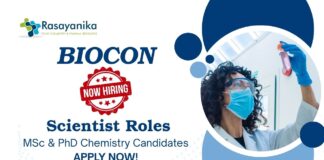 Chemistry Jobs at Biocon | Apply Now For The Scientist Role