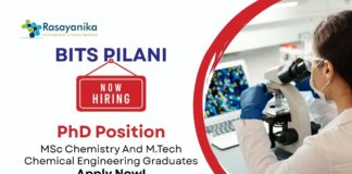 PhD Vacancy at BITS Pilani | MSc Chemistry And M.Tech Chemical Engineering Graduates Apply Now