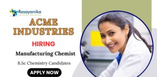Recent Freshers Chemistry Jobs at ACME Industries | Apply Now for Manufacturing Chemist Role