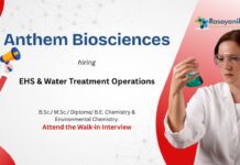 B.Sc./ M.Sc./ Diploma/ B.E. Chemistry & Environmental Chemistry. Attend the Walk-in Interview Anthem Biosciences EHS & Water Treatment Operations