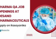 Pharma Job Vacancies in QA at Desano Pharmaceuticals