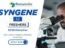 Join Syngene as an EHSS Executive - Freshers Organic Chemistry Jobs Apply Now