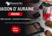 R&D Chemist – Cosmetic & Personal Care Products at Maison D’ Auraine , Chemistry Jobs