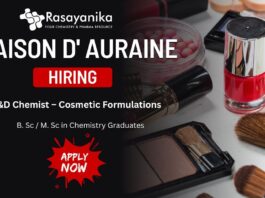 R&D Chemist – Cosmetic & Personal Care Products at Maison D’ Auraine , Chemistry Jobs