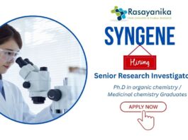 Senior Research Investigator at Syngene Bangalore | PhD Chemistry Jobs India