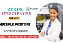 Chemistry Jobs at Zydus Life Sciences Attend the Walk-In Interview