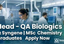 MSc Chemistry Jobs: Head – QA Biologics at Syngene Syngene Careers: QA Jobs in Bangalore | MSc Chemistry Graduates Apply Now