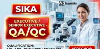 Sika is hiring QA/QC Senior Executive | Chemical Science Graduates Apply Now MSc Chemistry Job at Sika | Apply Now for QA/QC Senior Executive Role