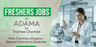 Start your journey in M.Sc. Chemistry Jobs for Freshers with ADAMA Trainee Chemist role in Chemistry jobs domain