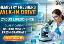 BSc Chemistry Freshers Job at Zydus | Attend the walk-In Drive