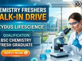 BSc Chemistry Freshers Job at Zydus | Attend the walk-In Drive