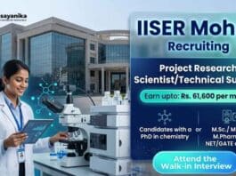 Mohali Research Recruitment Open for Scientist Jobs in Chemistry Research