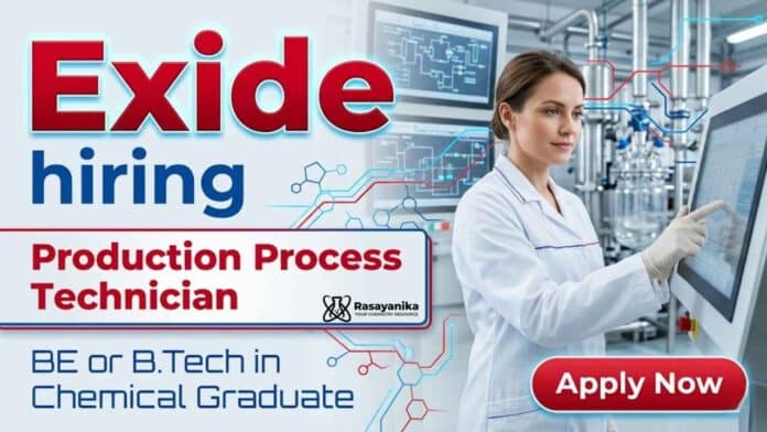 Exide Careers announces Chemical Engineering Jobs for Production Process Technician roles in Bangalore. Exide Careers announces Chemical Engineering Jobs for Production Process Technician roles in Bangalore.