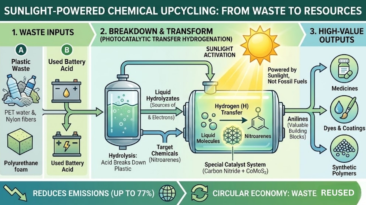 A visual guide to circular manufacturing converting plastic and battery waste into valuable industrial chemicals via solar energy.