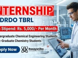DRDO TBRL announces paid Government Internship opportunity for M.Sc. Chemistry students for 2026.
