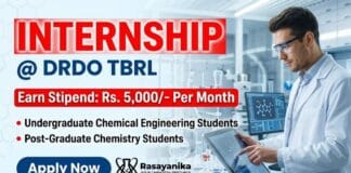 DRDO TBRL announces paid Government Internship opportunity for M.Sc. Chemistry students for 2026.