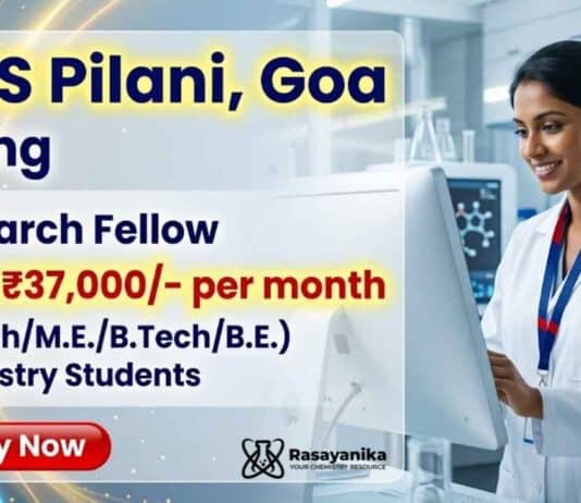 Research Fellow Job BITS Pilani Recruitment Chemistry Research fellowship Goa campus