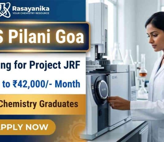 Junior Research Fellowships at BITS Pilani Goa for MSc Chemistry Jobs and Research Careers