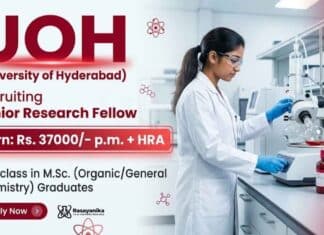 Chemistry JRF Vacancy at UOH Recruitment | Earn: Rs. 37000/- p.m. + HRA Chemistry JRF Vacancy at UOH Recruitment Research Jobs Opportunity for MSc Chemistry Candidates