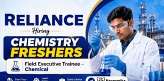 Chemical Trainee role through Reliance careers featuring Fresher jobs for Chemistry graduates in Bharuch