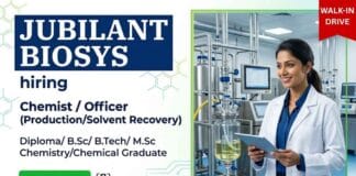 Chemist Jobs at Jubilant Biosys for Production and Solvent Recovery roles | Jubilant Biosys Careers | MSc Chemistry Jobs