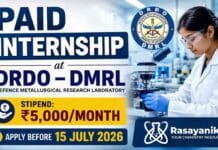 Govt Internship at DRDO DMRL | ₹5,000 Monthly Stipend | Chemistry Students Apply Now Govt Internship at DRDO DMRL 2026 for Chemistry Career through latest DRDO Vacancy