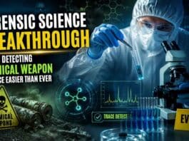 Chemical Weapons Detection Advances Through New Forensic Science Method Forensic Science researcher analyzing soil samples using advanced laboratory instruments to detect Soman nerve agent markers for chemical weapons investigations.