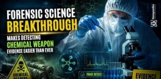 Chemical Weapons Detection Advances Through New Forensic Science Method Forensic Science researcher analyzing soil samples using advanced laboratory instruments to detect Soman nerve agent markers for chemical weapons investigations.