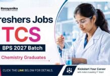 Freshers Chemistry Jobs at TCS BPS Hiring 2027 – BSc Candidates Apply Now Apply for Freshers Chemistry Jobs through TCS BPS Hiring 2027. Chemistry Jobs for eligible graduates.