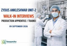 Zydus Ankleshwar Unit-2 Walk-In Production Apprentice / Trainee / Pilot Plant RA-SSA | Wed 9 Sep