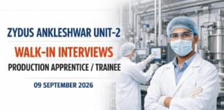 Zydus Ankleshwar Unit-2 Walk-In Production Apprentice / Trainee / Pilot Plant RA-SSA | Wed 9 Sep