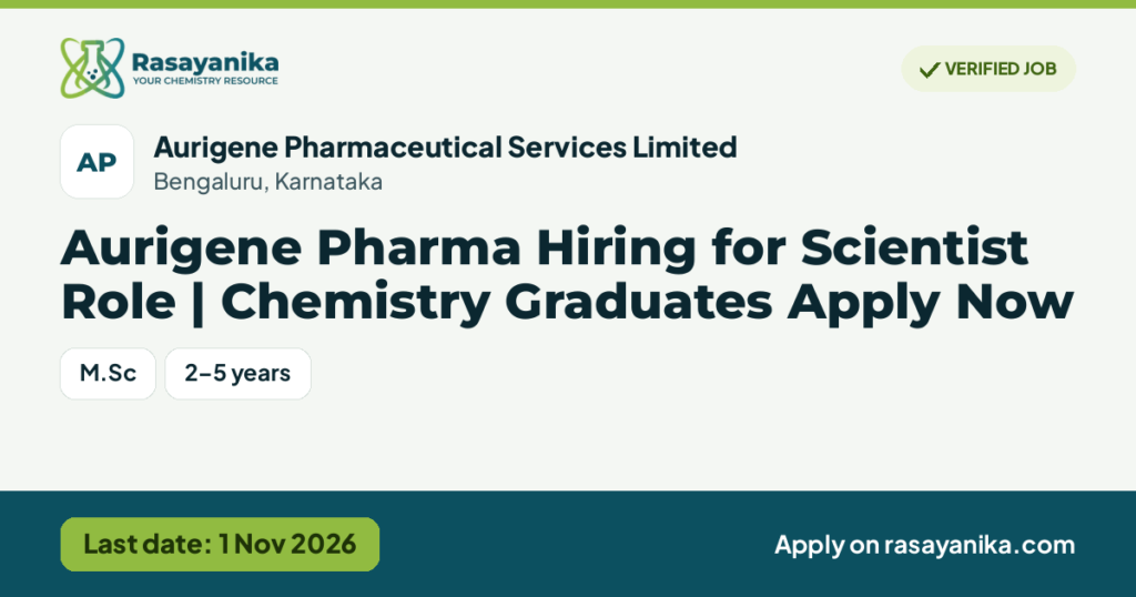 Aurigene Pharma Hiring for Scientist Role | Chemistry Graduates Apply Now – Aurigene Pharmaceutical Services Limited, last date 1 Nov 2026
