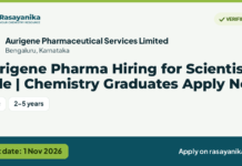 Aurigene Pharma Hiring for Scientist Role | Chemistry Graduates Apply Now – Aurigene Pharmaceutical Services Limited, last date 1 Nov 2026