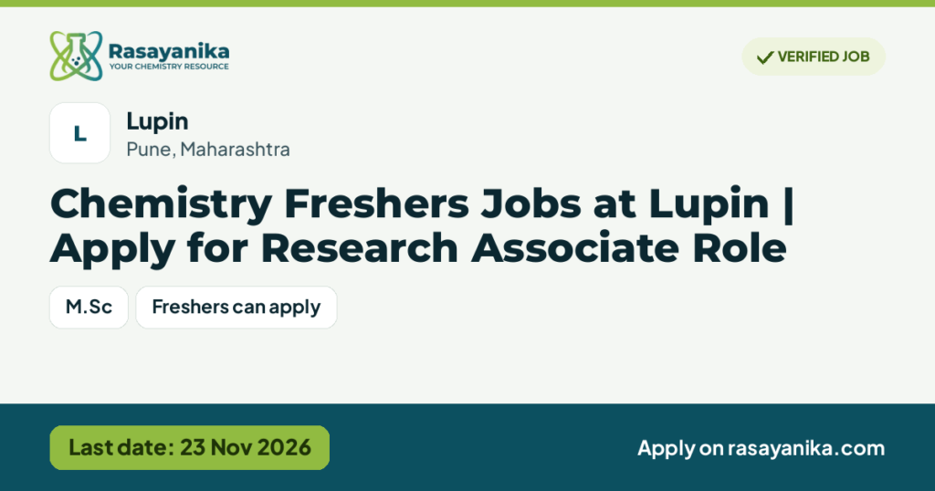 Chemistry Freshers Jobs at Lupin | Apply for Research Associate Role, last date 23 Nov 2026
