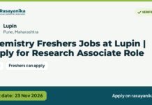 Chemistry Freshers Jobs at Lupin | Apply for Research Associate Role, last date 23 Nov 2026