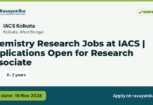 Chemistry Research Jobs at IACS | Applications Open for Research Associate – IACS Kolkata, last date 15 Nov 2026