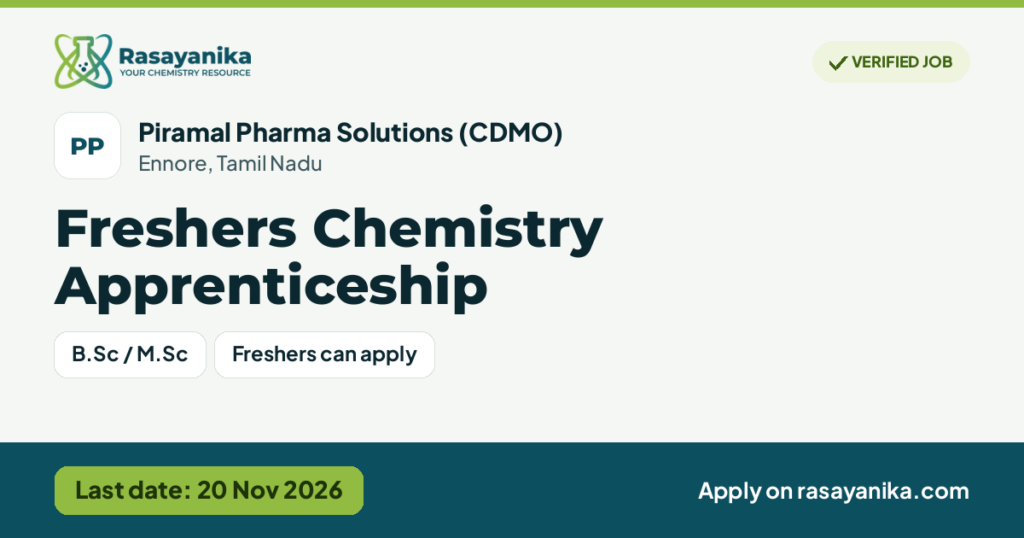 Freshers Chemistry Apprenticeship – Piramal Pharma Solutions (CDMO), last date 20 Nov 2026
