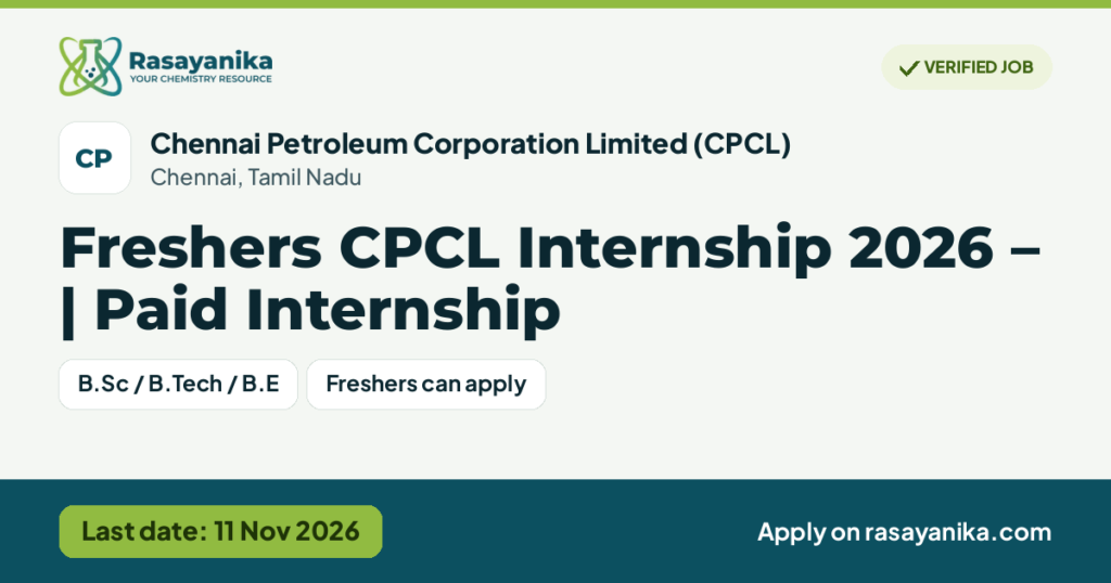 Freshers CPCL Internship 2026 – | Paid Internship – Chennai Petroleum Corporation Limited (CPCL), last date 11 Nov 2026
