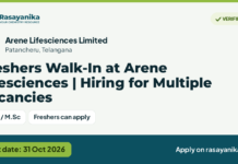Freshers Walk-In at Arene Lifesciences | Hiring for Multiple Vacancies – Arene Lifesciences Limited, last date 31 Oct 2026