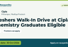 Freshers Walk-In Drive at Cipla | Chemistry Graduates Eligible, last date 30 Oct 2026