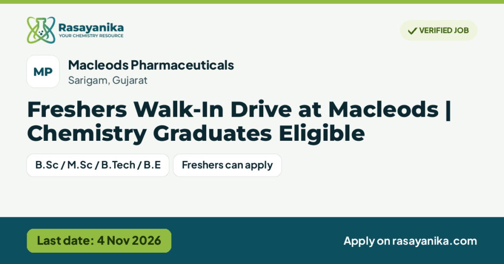 Freshers Walk-In Drive at Macleods | Chemistry Graduates Eligible – Macleods Pharmaceuticals, last date 4 Nov 2026