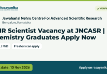 NMR Scientist Vacancy at JNCASR | Chemistry Graduates Apply Now – Jawaharlal Nehru Centre For Advanced Scientific Research, last date 10 Nov 2026