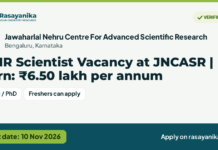 NMR Scientist Vacancy at JNCASR | Earn: ₹6.50 lakh per annum – Jawaharlal Nehru Centre For Advanced Scientific Research, last date 10 Nov 2026