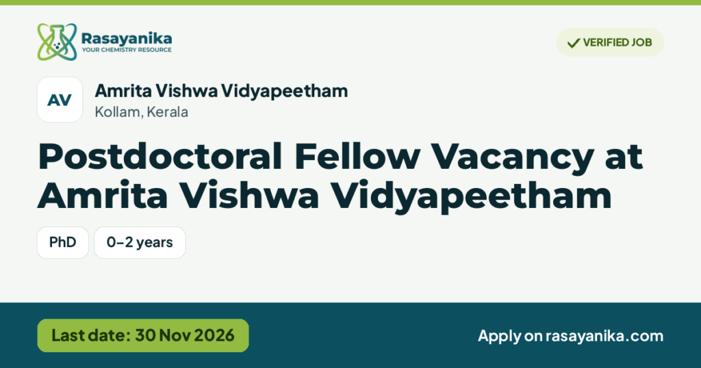 Postdoctoral Fellow Vacancy at Amrita Vishwa Vidyapeetham, last date 30 Nov 2026